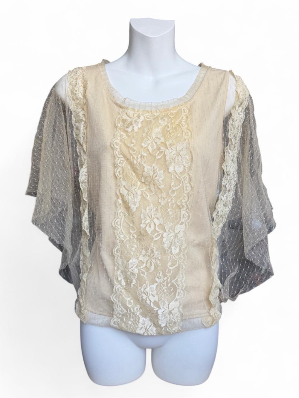 Rue21 Cream Lace-Front Sheer Flutter Sleeve Top